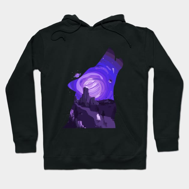 Desert Night Sky Wolf, Howling, Glowing Wolf with Girl Hoodie by Wanderlust Creative Lab